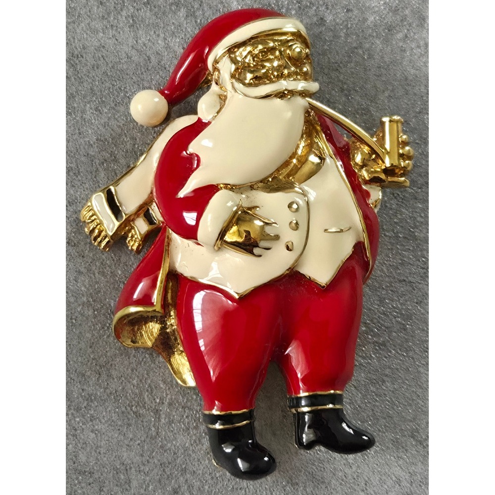 Vintage Santa Claus Enamel Brooch Gold Tone Christmas Holiday Pin Red Cream